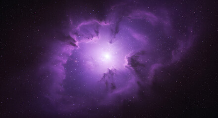 A vibrant purple nebula with a bright center surrounded by countless stars in deep space