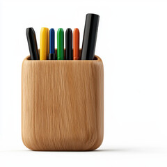 Naklejka premium Elegant photography of a wooden pen holder filled with various pens showcasing natural texture and design against a clean background for text inclusion