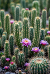 patch of cactus plants with colorful blossoms
