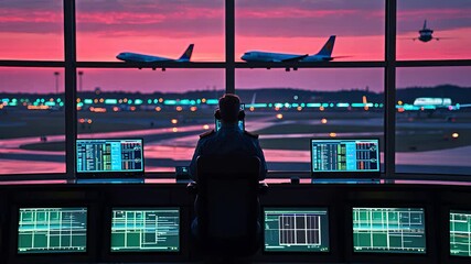 Air Traffic Controller Monitoring Flight Operations from a Control Tower with Multiple Screens and Planes Landing at Sunset

