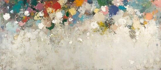 Abstract colorful paint splatters on grey canvas