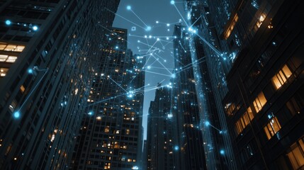 Obraz premium Night city skyscrapers connected by digital network
