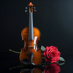 Fototapeta premium Violin and rose on black background