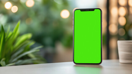 Smartphone with a green screen displayed on a table with a plant in the background. AI Generated Images