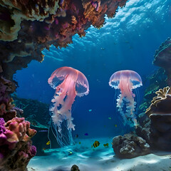 Underwater Grotto Glowing with Luminescent Jellyfish and Coral Formations Creating a Magical Ambiance