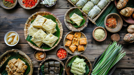 Delicious traditional dishes arranged on wooden table