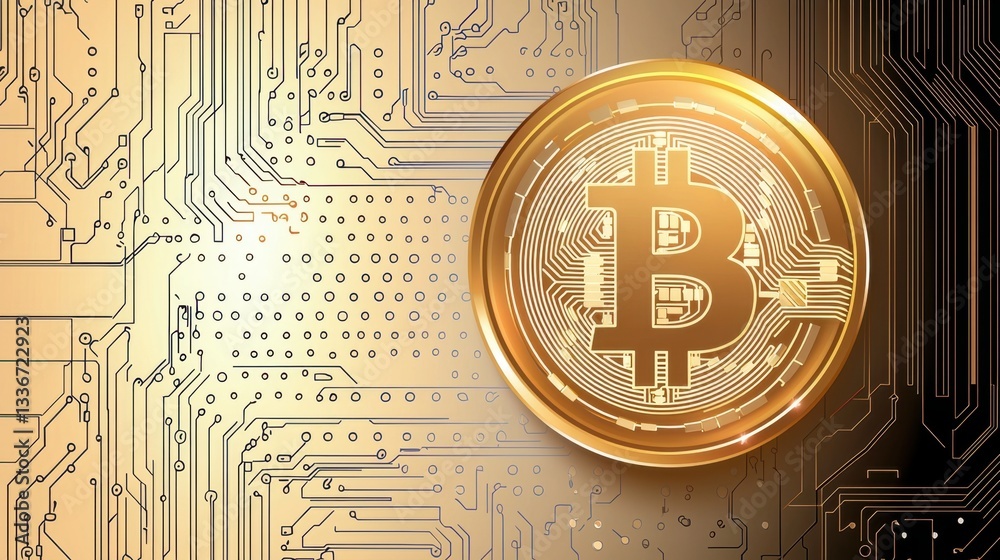 Poster a glowing bitcoin coin hovering above a circuit board, symbolizing blockchain.