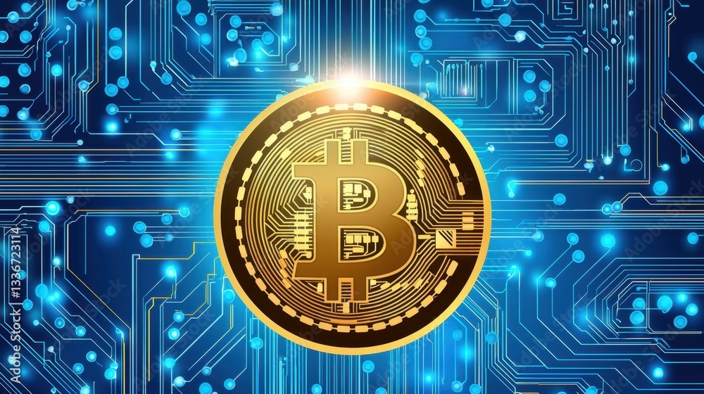 Poster a glowing bitcoin coin hovering above a circuit board, symbolizing blockchain.