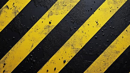Fototapeta premium Close-up view of a textured black surface with yellow diagonal stripes, showcasing wear and weathering effects