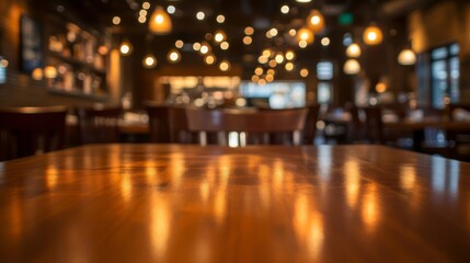 Cozy cafe interior with warm lighting and wooden tables