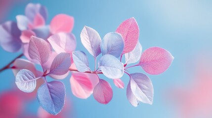 Pastel leaves, spring branch, sunny sky