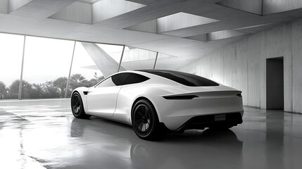 Sleek White Electric Sports Car in Modern Concrete Garage