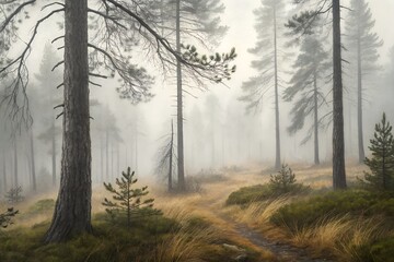 Misty pine forest expressive color sketch with textured Misty forest landscape with tall trees and a winding path through the undergrowth.