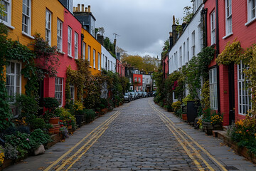 Fototapeta premium Colorful cobblestone street lined with vibrant houses adorned with greenery in a quaint neighborhood