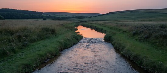 Sunset over river valley. Serene landscape