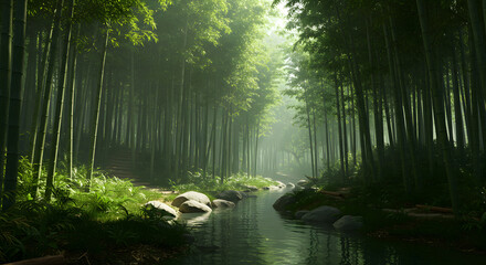 A serene bamboo forest with a stream flowing through it and sunlight filtering through the trees