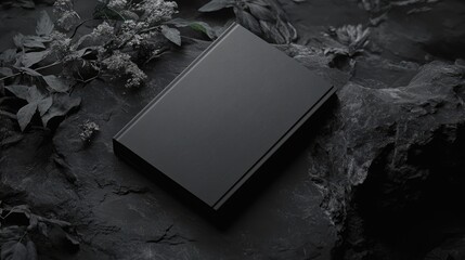 A sleek black book resting on a dark rocky surface surrounded by subtle green foliage, evoking a sense of mystery