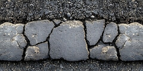 Cracked asphalt curb, road texture detail
