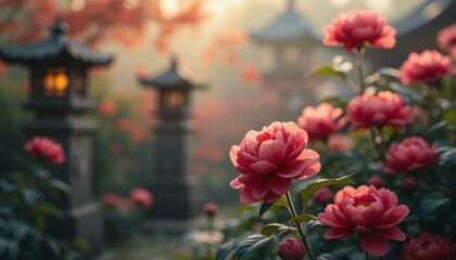 Obraz premium Peonies, chrysanthemums, stone lanterns, morning dew, Japanese garden, serene misty dawn, golden hues, crimson blooms, delicate petals, intricate carvings, tranquil atmosphere, gentle sunlight, filter