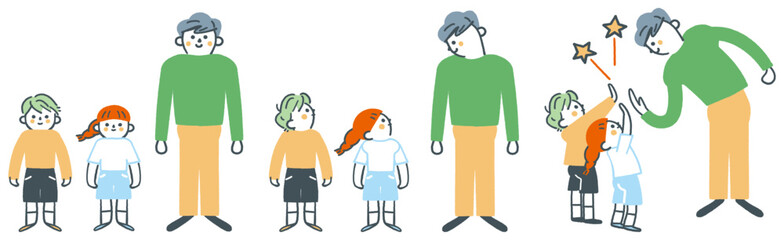 先生とタッチ　男性と二人の子供の距離の縮め方　セットのストックイラスト素材
