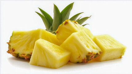 Fresh pineapple pieces with vibrant green crown on a white background