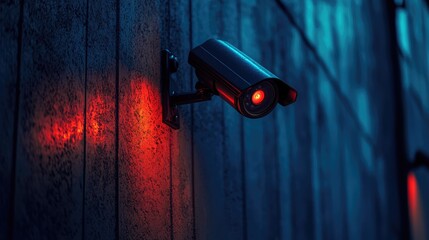 A surveillance camera mounted on a textured wall, glowing red light, nighttime urban setting, enhancing security