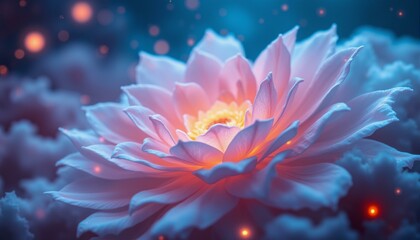 Delicate, velvet-like flowers bloom in a dreamlike cosmos amidst pastel clouds and starry nebulae.