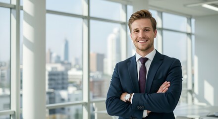 Fototapeta premium Confident young businessman in modern office with city skyline view. Professional portrait of smiling caucasian man in suit. Corporate success concept