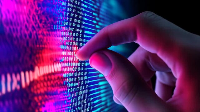 Futuristic data interaction with hand touching digital binary code visualization