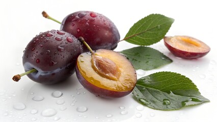 plums with leaves isolated on a white background with water drops