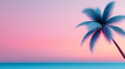 Naklejka premium Pink and Blue Sunset Over Tropical Beach with Palm Tree Silhouette