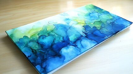 Teal and green abstract art on wood surface