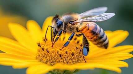 Honeybee on a flower. A close-up of a honeybee collecting nectar from a vibrant yellow flower.  The bee's intricate details are showcased, highlighting its fuzzy body, wings, and eyes