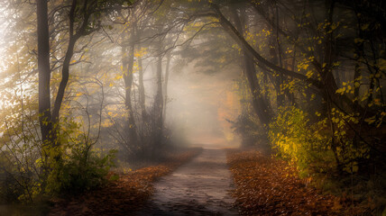 Obraz premium Golden Fall Leaves and Foggy Forest Trail