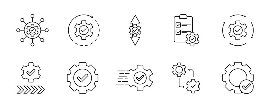 Gear settings thin line icon set. Containing execution, process, system, evaluate, efficiency, business management project, task, implement, operation, optimize, performance. Vector illustration.