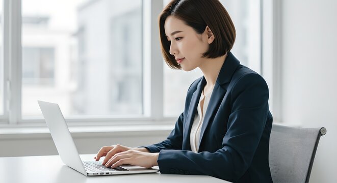 Asian businesswoman working on laptop in modern office. Professional female executive using computer. Corporate lifestyle, workplace productivity, and technology concept.