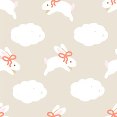 Cute Bunnies with Bows and Clouds Pattern