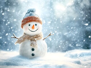 Smiling Snowman in Winter Scenery Wearing Hat and Scarf While Snowing