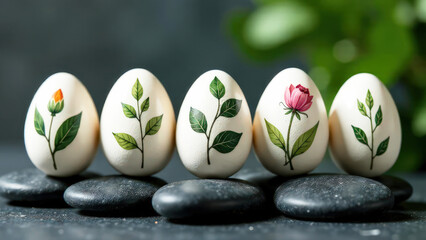 Fototapeta premium close up pink and green flower designs on easter eggs, natural blurry background
