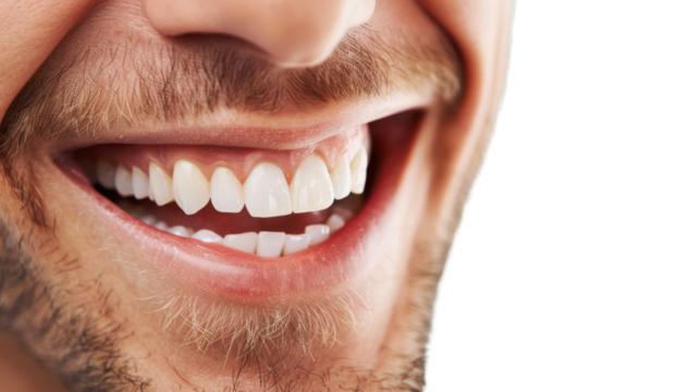 Close-up of man smiling showing healthy white teeth on transparent background