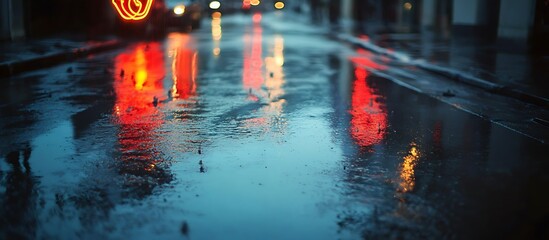 City street reflections, rain, night