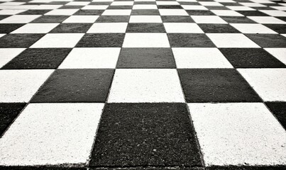 A black and white checkered pattern on a surface creating a dynamic visual, offering a timeless aesthetic for backgrounds