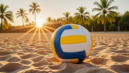 Obraz premium Professional beach volleyball on soft golden sand at sunrise with palm trees in background