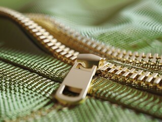 Golden Zipper Close-up for Green Fabric Texture.