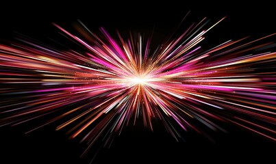 A bright, abstract burst of light and color on a black backdrop, radiating outward from the center point
