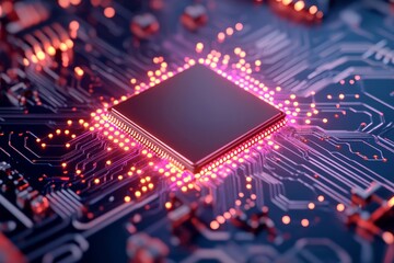 Obraz premium Close-Up View of a High-Tech Microchip with Circuitry and Glowing Lights