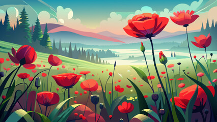 Fototapeta premium photography of beautiful red poppy blooms in a field field on a misty morning landscape.