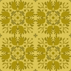 Elegant vintage floral pattern in golden yellow tones, inspired by traditional decorative art. Perfect for wallpaper, fabric, wrapping paper, or luxury ornamental background design.