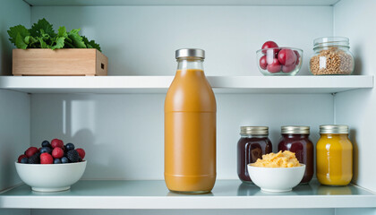 Modern protein water bottle in refrigerator with healthy food and natural lighting