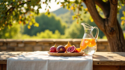 long banner rustic stone terrace with an elegant wooden table covered in a light linen cloth with figs, pomegranates, and a carafe of citrus-infused water sit under the shade of olive tree branches 